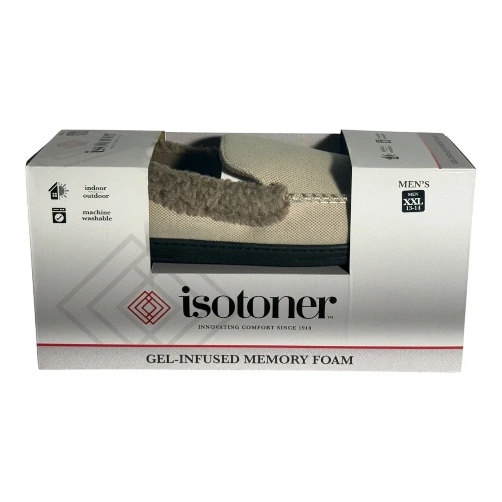 Isotoner Mens Brushed Knit or Plaid Lewis Moccasin Slipper Stone XL 11-12‎